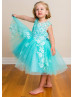 Illusion Neck Beaded Aqua Lace Tulle Flower Girl Dress